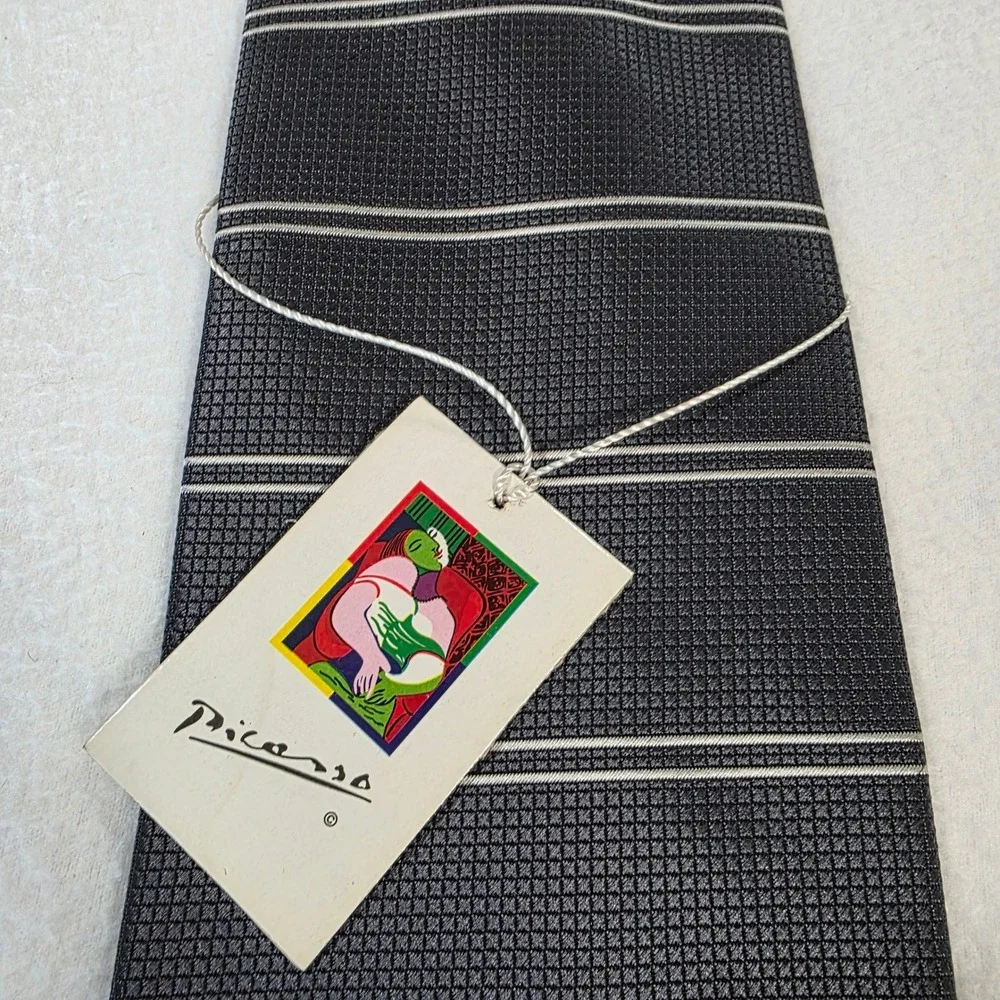 Picasso Mens Silk Tie Charcoal Grey Striped Handmade Italy Art Series Necktie
